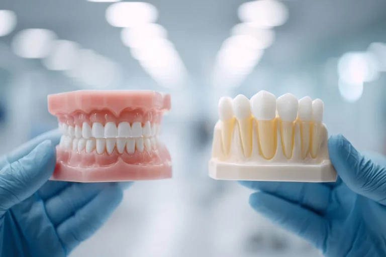 Close-up of dental model with half veneer and half crown for comparison