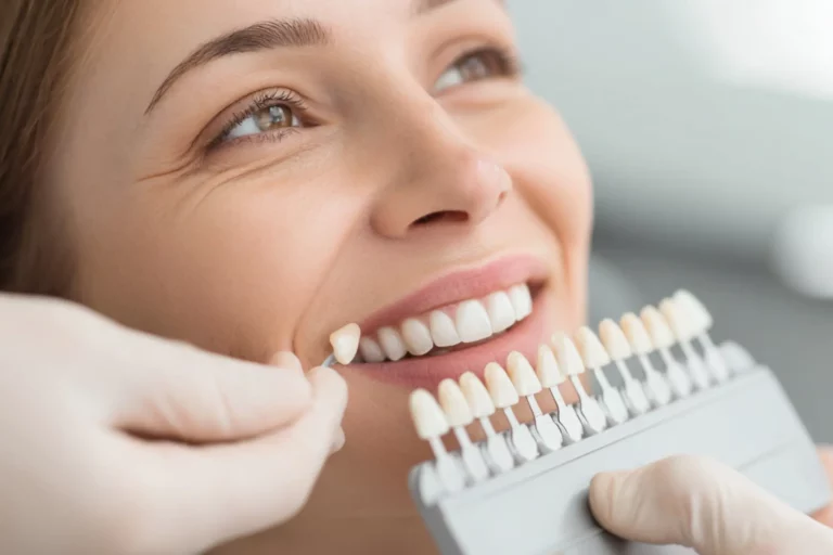 entist checking patient’s teeth during veneer procedure in a clean, bright clinic