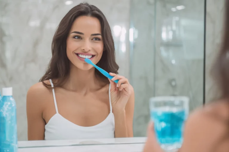 Woman with healthy smile brushing teeth in a luxury bathroom after getting veneers