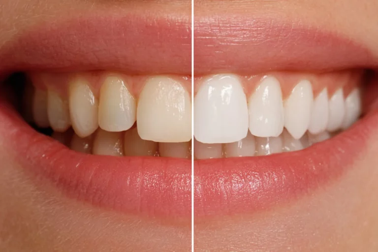 Side-by-side comparison showing before and after smile transformation with veneers