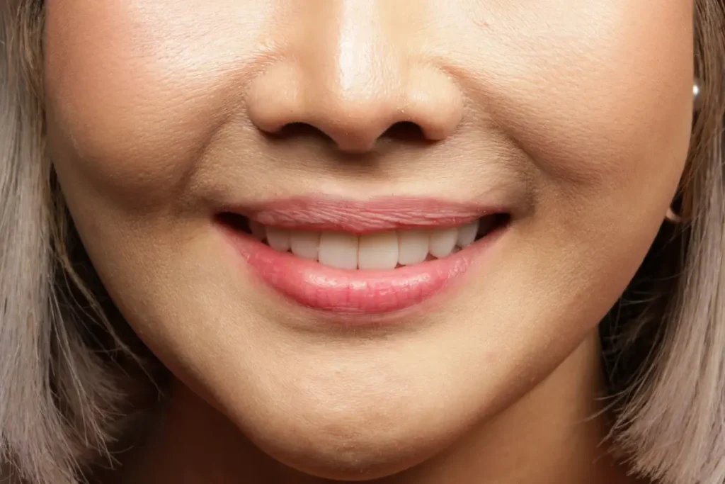 The stunning result of a smile makeover with veneers, showcasing a natural, confident new smile with perfectly sized teeth.